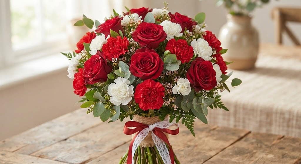 a bouquet with red roses, red and white carnations