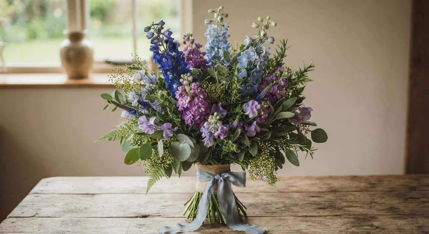 a bouquet with blue and purple larkspur, delphinium, and stock, along with greenery 