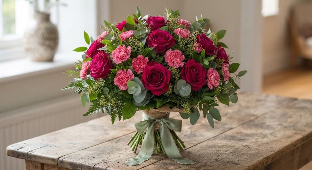 A bouquet with dark pink roses, pink carnations, and green leaves.
