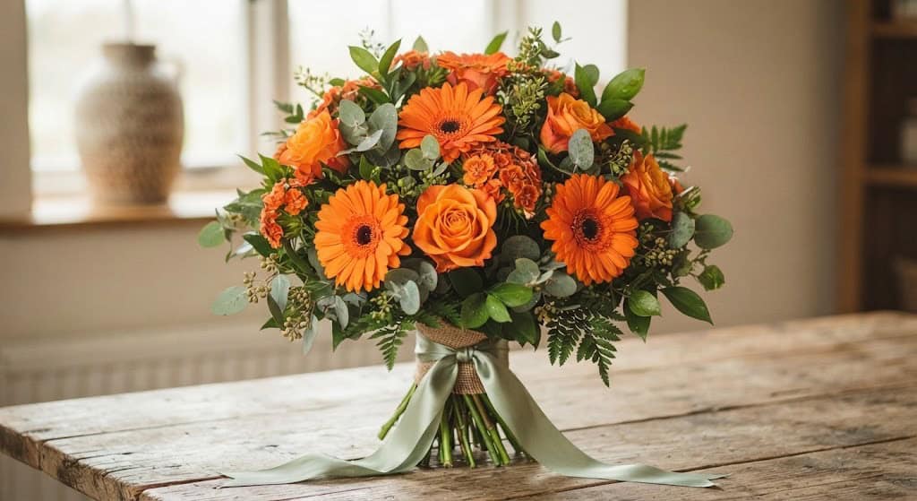a bouquet with orange gerbera, orange roses, orange dianthus, and green leaves