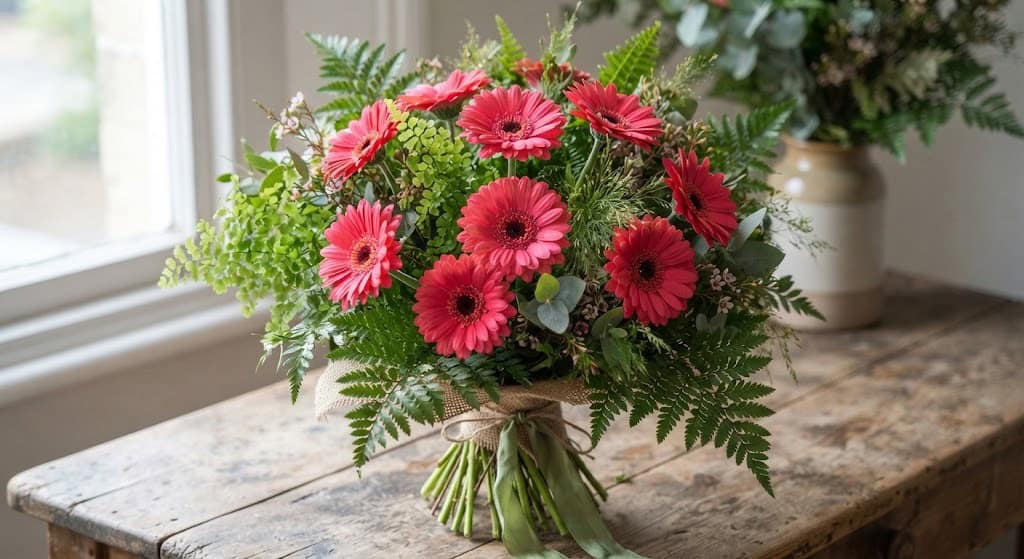 A bouquet with pink-red gerbera daisies and green fern leaves