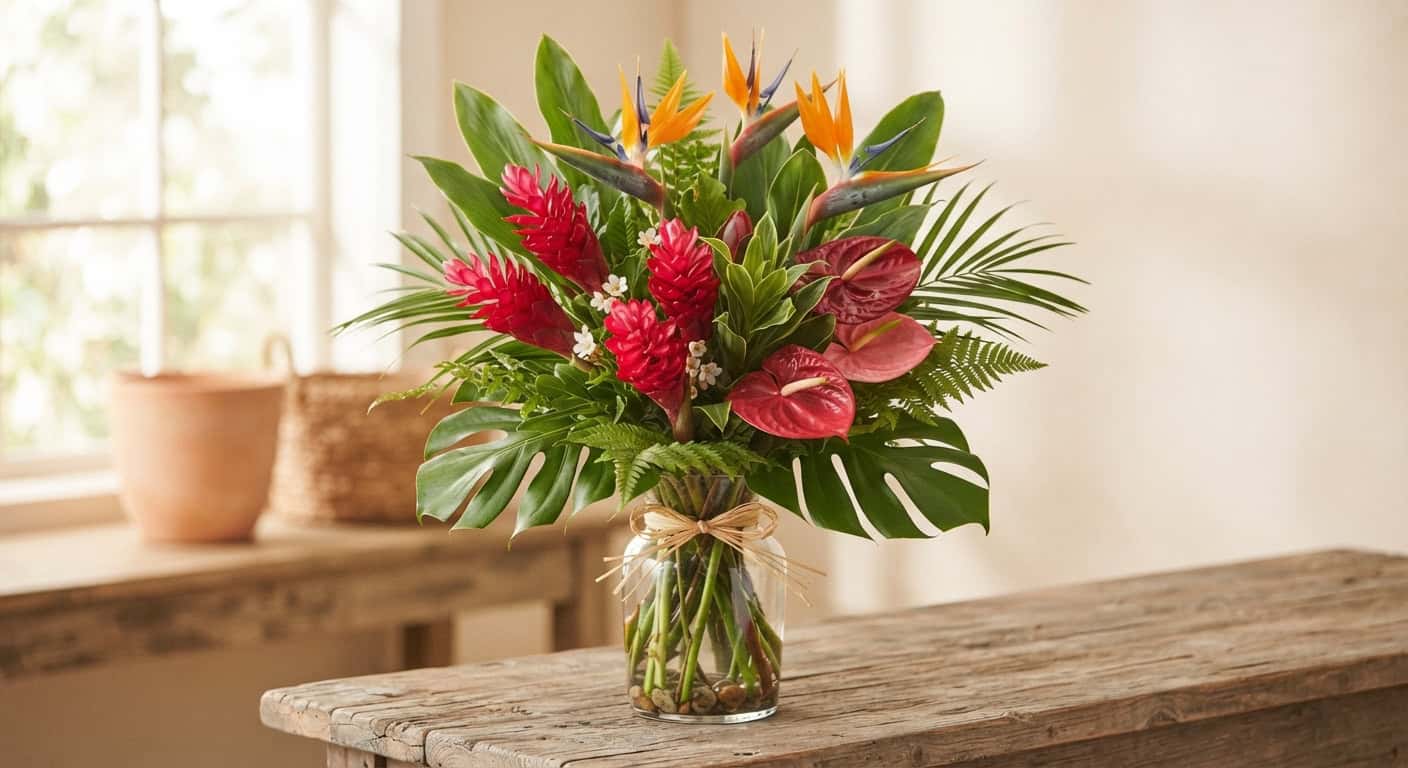 a bouquet with red ginger flowers, bird of paradise, and anthurium blooms and greenery in a glass vase