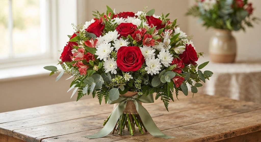 A bouquet with red roses, white chrysanthemums, and alstroemerias with greenery