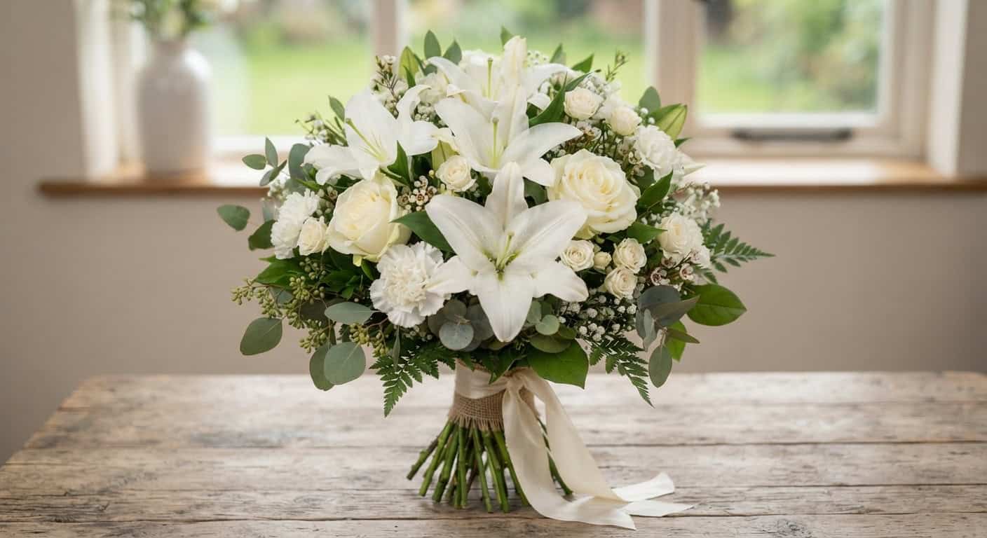 an all-white bouquet with white roses, white lilies, white carnations, and some green leaves